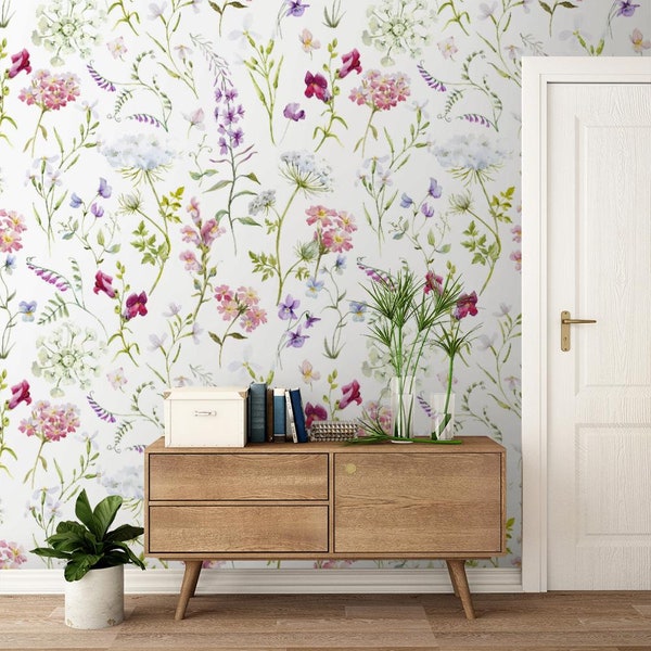 Nature Wallpaper | Twigs, Flower, Bright, Garden | Floral Print | Removable Peel and Stick Wallpaper | Wall Mural #713