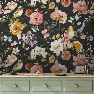 Tier Tapete | Vogel, Blume, Dunkel, Aquarell | Blumendruck | Abnehmbare Peel and Stick Wallpaper | Wandbild #1072