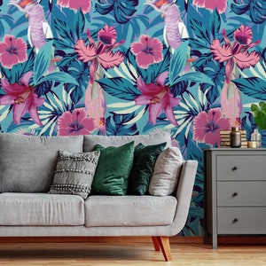 Exotic Parrot in Tropical Leaves Wallpaper #837 | Removable Wallpaper, Temporary Wallpaper, Traditional Wallpaper, Peel & Stick Wallpaper