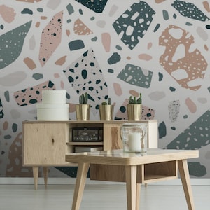 Geometric Wallpaper | Terrazzo, Colorful, Watercolor | Retro Print | Removable Peel and Stick Wallpaper | Wall Mural #975