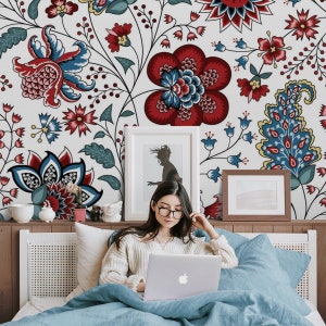 Oriental Floral Pattern Wallpaper | Flowers, Abstract | Floral Print | Removable Peel and Stick Wallpaper | Wall Mural | Vintage Wall #1592