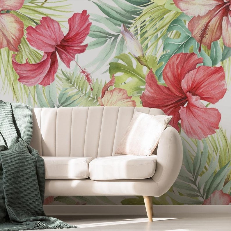 Fond d'écran nature fleur, hibiscus, aquarelle, feuilles Imprimé floral Papier peint amovible à peler et coller Murale 827 image 1