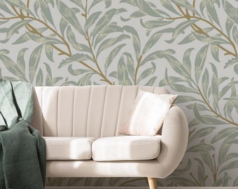 Nature Wallpaper | Twigs, Green, Bright, Branches | Leaf Print | Removable Peel and Stick Wallpaper | Wall Mural #759