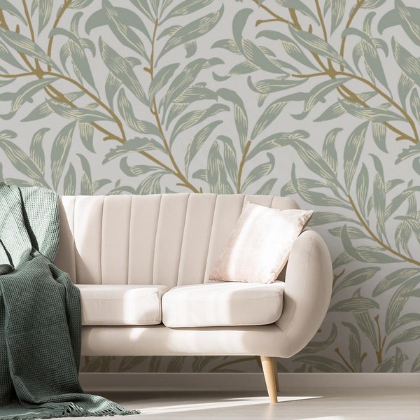 Nature Wallpaper | Twigs, Green, Bright, Branches | Leaf Print | Removable Peel and Stick Wallpaper | Wall Mural #759