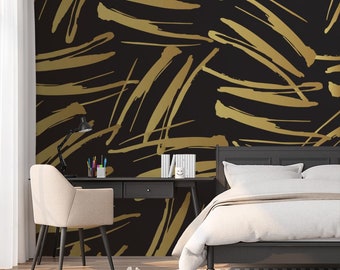 Carta da parati con pennelli dorati n. 988 / Carta da parati rimovibile, Carta da parati temporanea, Carta da parati tradizionale, Carta da parati con buccia e stick