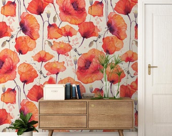 Wild Red Poppies Wallpaper #791 | Removable Wallpaper, Temporary Wallpaper, Traditional Wallpaper, Peel & Stick Wallpaper