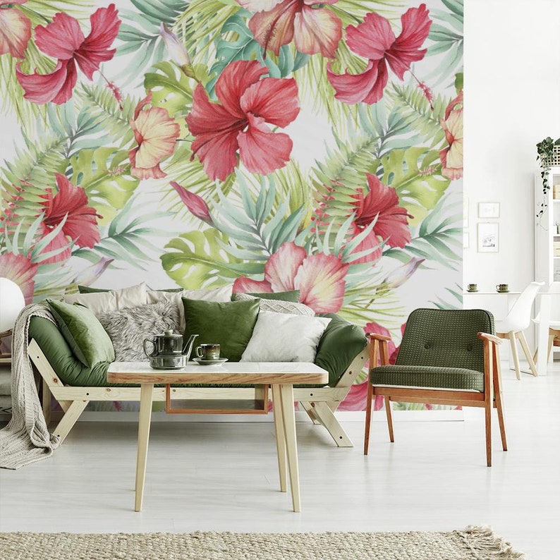 Fond d'écran nature fleur, hibiscus, aquarelle, feuilles Imprimé floral Papier peint amovible à peler et coller Murale 827 image 3