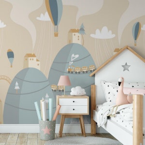 Kids Wallpaper | Train in the Mountains, Bright, Kids Room | Abstract Print | Removable Peel and Stick Wallpaper | Wall Mural #1465
