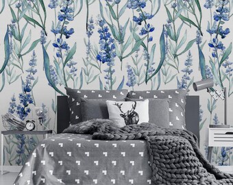 Navy Blue Lavender Wallpaper #830 | Removable Wallpaper, Temporary Wallpaper, Traditional Wallpaper, Peel & Stick Wallpaper