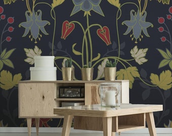 Vintage Wallpaper | Flower, Dark, Retro Pattern, Art Nouveau | Floral Print | Removable Peel and Stick Wallpaper  | Wall Mural #945