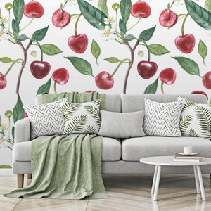Fond d'écran nature | cerise, branches, vert, feuilles | Impression de fruits | Papier peint amovible à peler et coller | Murale #784