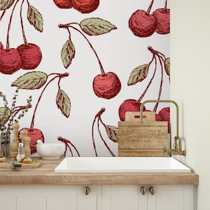 Nature Wallpaper | Cherry, Red, Bright, Kitchen | Fruit Print | Removable Peel and Stick Wallpaper | Wall Mural #789