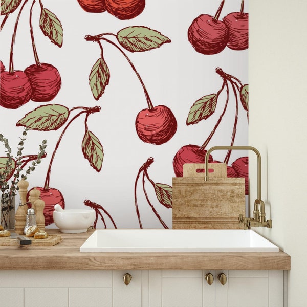 Papel tapiz de naturaleza / Cereza, rojo, brillante, Cocina / Estampado de frutas / Papel tapiz extraíble Peel and Stick / Mural de pared #789