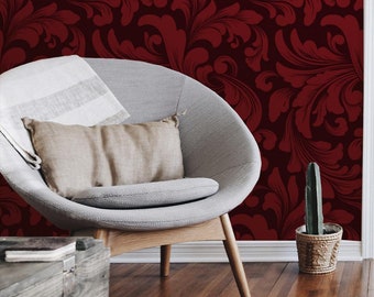 Rote Art Deco Blätter Tapete #958 | Abnehmbare Tapete, temporäre Tapete, traditionelle Tapete, Peel & Stick Wallpaper