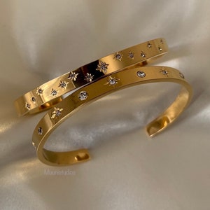 18K Gold Celestial Cuff Bracelet Set | Gold Plated Bangels | Sun Stars Carved Bracelet | Classic Stacking Bangles