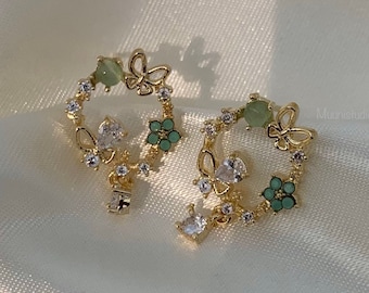 14k Gold Floral Butterfly Small Earrings | Aqua Blue Circle Drop Diamond Earrings | Geometric Dangle Stud Earrings