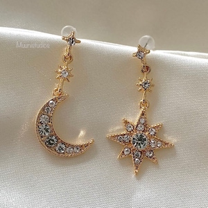 Sterling Silver 925 Star Moon Miss Match Earrings | Gold Celestial Dangle Drop Earrings