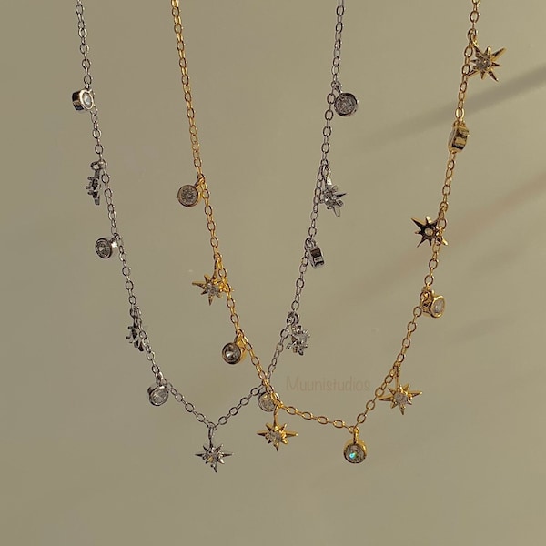 Gold and Silver Star Necklace | Gemstone Zircon Choker Necklace | Celestial Star Pendant | Necklace Set