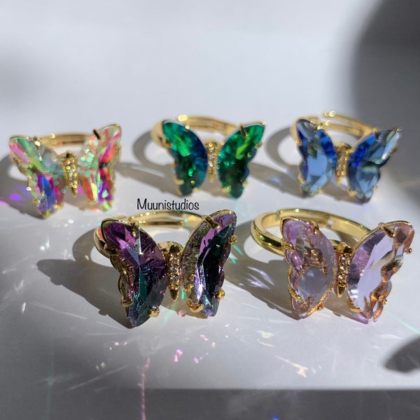 Spinning Butterfly Ring | Iridescent Diamond Crystal Rotating Ring | Gold Anxiety Ring