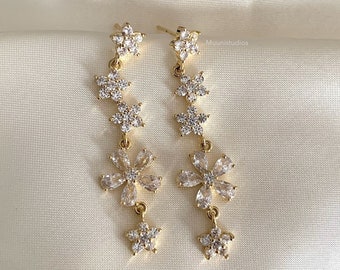 Floral Dangle Drop Earrings / Gold Earrings / Silver sterling 925 Gold Plated / Bridal Earrings