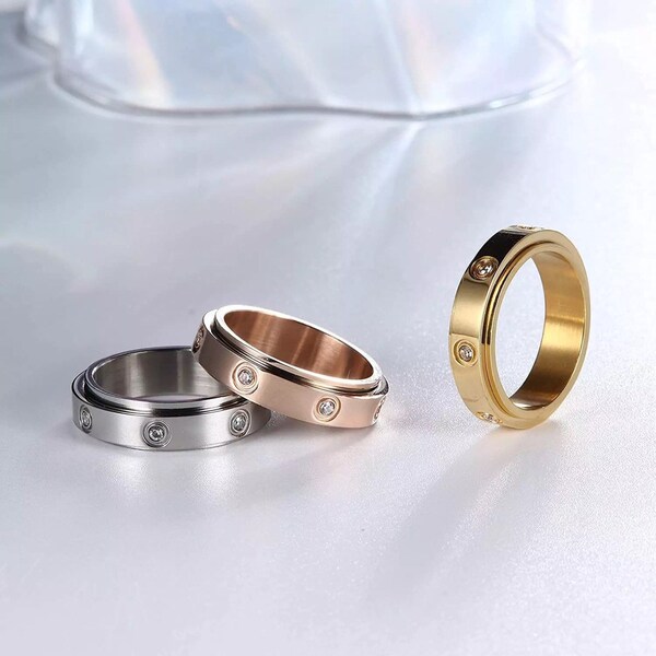 Diamond Stud Anxiety Ring | Gold Silver Spinner Ring | Crystal Spinning Worry Ring | Rotating Fidget Ring | Spin Meditation Ring