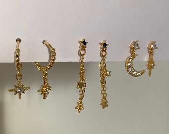 Gold Earrings Set of 3 | Stainless Steel Gold Plated Small Earrings | Huggie Hoop | Stacking Earrings | Celestial Small Earrings Set