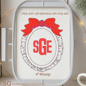May include: An embroidery hoop with a red bow and the letters "SGE" in red. The design is surrounded by a white frilly border. The text "4*4 hoop" is below the design. The text "SG EMBROIDERYDESIGNS" is at the bottom.