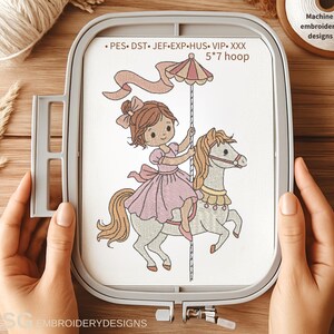 May include: An embroidery design featuring a cartoon girl riding a carousel horse, holding a parasol. The design is in a 5x7 hoop and includes the text "Machine embroidery designs" and "SG EMBROIDERYDESIGNS".