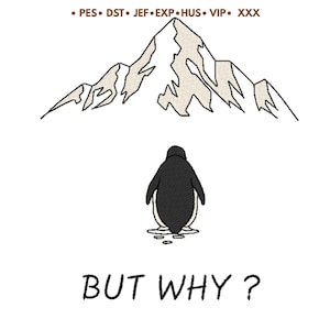 Op de afbeelding: Een illustratie van een zwart-witte pinguïn voor een berg. Onder de afbeelding staat de tekst "BUT WHY?". Boven de berg staan afkortingen van bestandstypen.