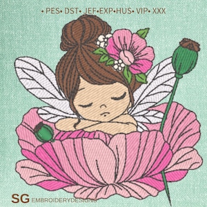 Borduurmotief slapende fee, klaproos, hoepel 4 x 4 (digitaal bestand)