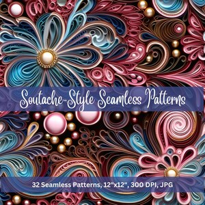 May include: A collection of 32 seamless digital patterns featuring intricate, colorful, and swirling designs inspired by soutache embroidery. The patterns are 12 inches by 12 inches and 300 DPI, in JPG format.