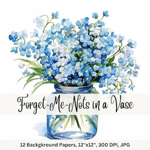 Forget Me Nots dans un vase Papiers d'arrière-plan à imprimer floraux Clip Art Fleurs florales Fournitures créatives Téléchargement numérique Fleurs bleues