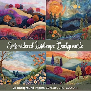 Gestickte Landschaften, pastorale Szenerie, bedruckbare Kunst, Hintergrundpapiere, Papiermodelle, Kartenherstellung, Collagepapiere, Journal und Sammelalbum