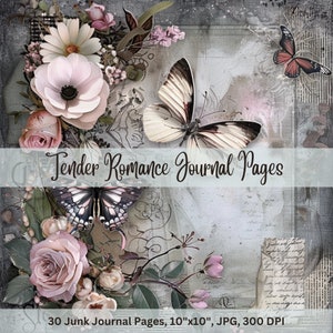 Tender Romance Junk Journal Páginas Mariposas y Flores Scrapbook Papel Descargas Digitales Imágenes Imprimibles Collage Papel Artesanía Suministros