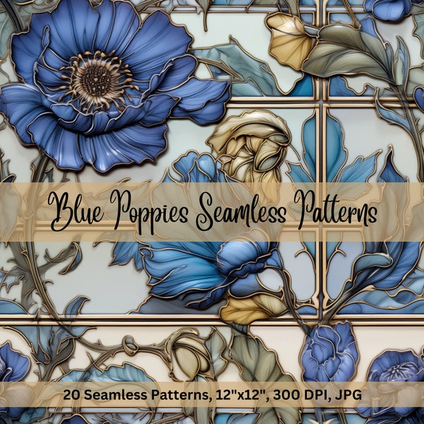 Blue Poppies Seamless Patterns, Printables, Digital Downloads, Seamless Patterns, Flower Tiles, POD, Paper-Making, Card-Making, Digital Art