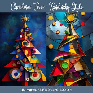 Árvore de Natal Arte decorativa inspirada em Kandinsky Imprimíveis digitais Downloads instantâneos Artesanato em papel Fabricação de cartões Papel de Natal