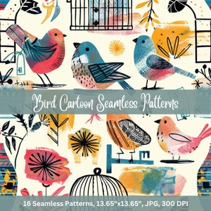 Bird Cartoon Seamless Pattern: Printable Art (Digital Download)
