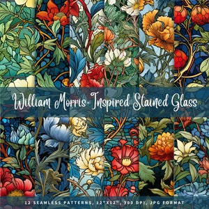 May include: Twelve seamless patterns inspired by William Morris, featuring stained glass designs with floral motifs in shades of blue, red, yellow, and green. Each pattern is 30.5 cm by 30.5 cm and 300 DPI in JPG format.