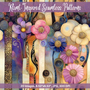 May include: 20 digital seamless patterns inspired by the art of Gustav Klimt. The patterns feature a colourful abstract design with flowers, swirls, and gold accents. The patterns are 8.53 inches by 8.53 inches and are in JPG format at 300 DPI.