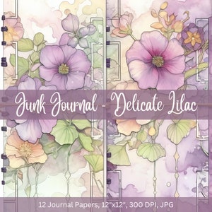 Papeles de diario basura de delicadas flores lilas, Descarga digital, Materiales para manualidades, Efímera, Papeles florales, Proyectos artesanales, Diario basura