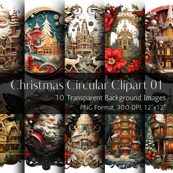 Christmas Circular Clip Art, 10 Images With Transparent Backgrounds, Digital Download, Christmas Motifs, Xmas, Clip Art