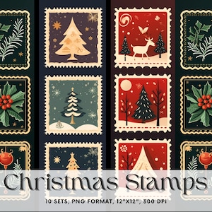 May include: Ten digital stamp designs featuring Christmas themes. The stamps are in a vintage style with a gold border and a red, green, and white color scheme. The designs include a Christmas tree, holly, a reindeer, and a star.