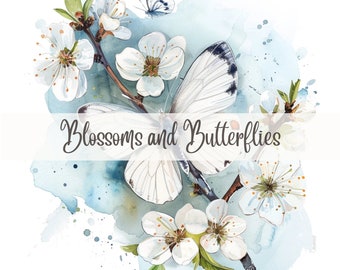 Spring Blossoms Butterflies Clip Art: Pastel Floral Watercolor Images (Digital Download)