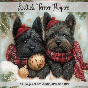 Christmas Dogs Scottish Terrier Puppies Scottish Terrier Digital Downloads Digital Christmas Papers Dog Art Scottie Pups Card Making