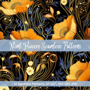 Modelli senza giunture di fiori di Klimt, stampabili, download digitali, creazione di carta, creazione di cartoline, sfondi, collage, album per ritagli, diari, POD
