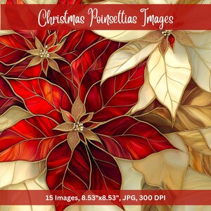 May include: A digital illustration of red and white poinsettia flowers with gold accents. The flowers are arranged in a close-up view, with the red flowers in the foreground and the white flowers in the background. The image is 8.53 inches by 8.53 inches and has a resolution of 300 DPI.