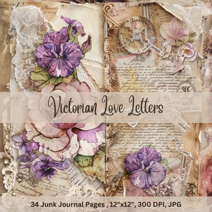 Cartas de amor victorianas, Páginas de diario basura, Imprimibles, Descargas digitales, Collage de álbumes de recortes, Suministros para manualidades, Fabricación de tarjetas, Suministros POD, Efímera