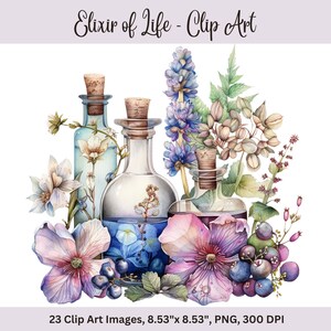 Op de afbeelding: Een aquarel-illustratie van vier glazen flessen gevuld met blauwe en paarse vloeistoffen, omringd door bloemen en bessen. De flessen hebben kurken stoppen en zijn in een cluster gerangschikt. De bloemen zijn in tinten roze, paars en wit, en de bessen zijn blauw. De illustratie heeft de titel "Elixir of Life - Clip Art".
