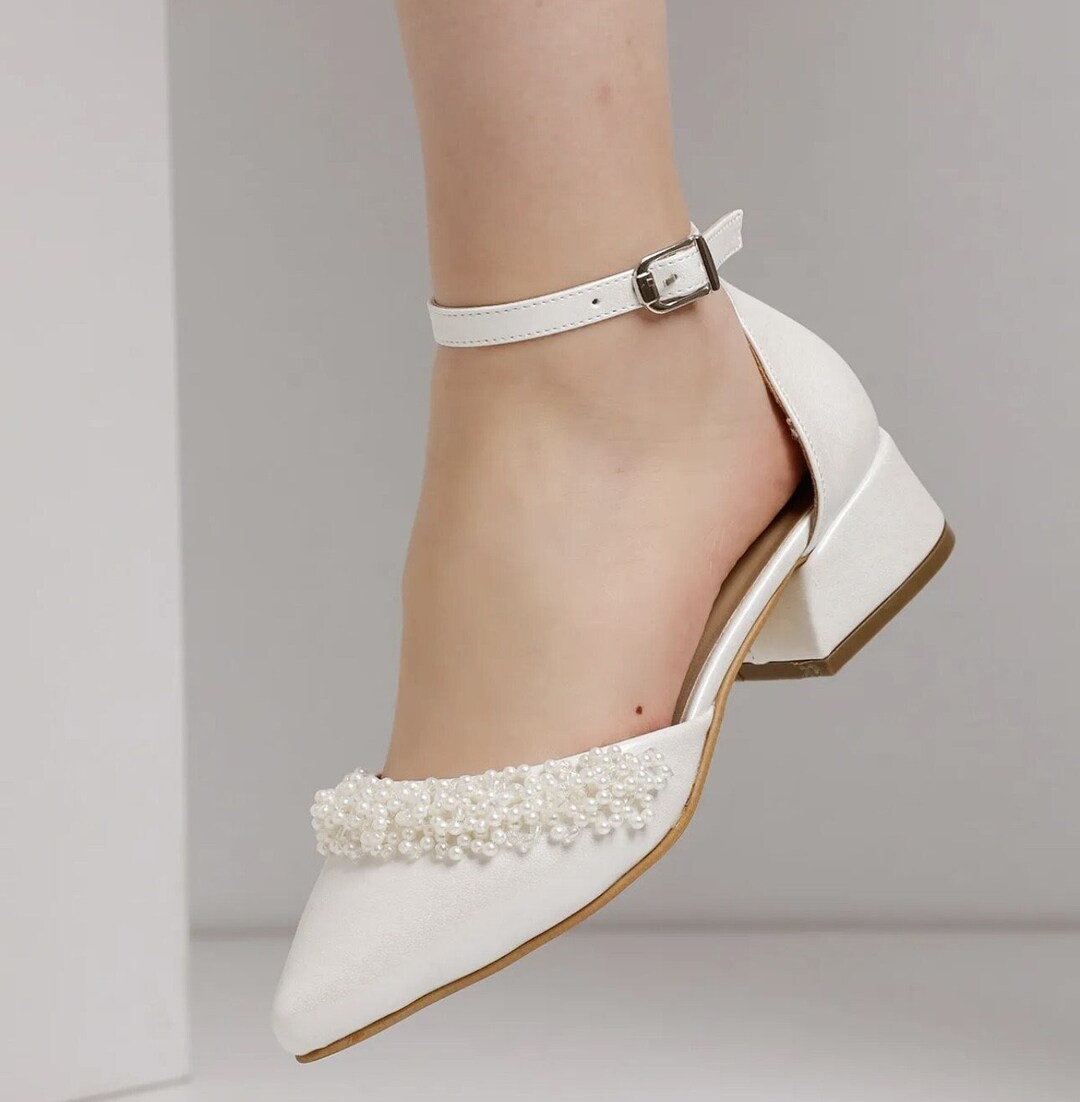 white bridal shoes low heel