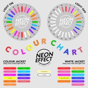 May include: A color chart for neon tubing, showing 24 different colors with their corresponding numbers. The chart is divided into two sections: "Light On" and "Light Off." The "Light On" section shows the colors of the tubing when the light is on, and the "Light Off" section shows the colors of the tubing when the light is off. The chart also includes a list of the colors and their corresponding numbers, as well as a description of the color jacket.